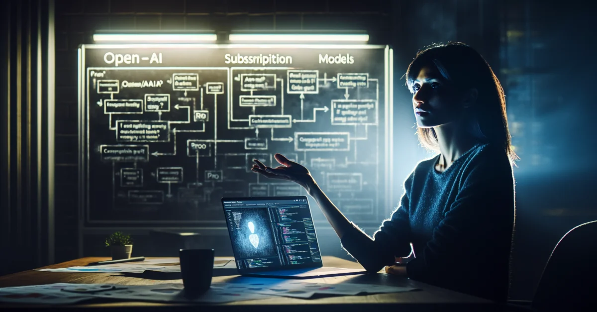 A tech analyst discusses the unclear usage limits of OpenAI's new ChatGPT Pro plans and their pricing structure compared to competitors in a dimly lit office.