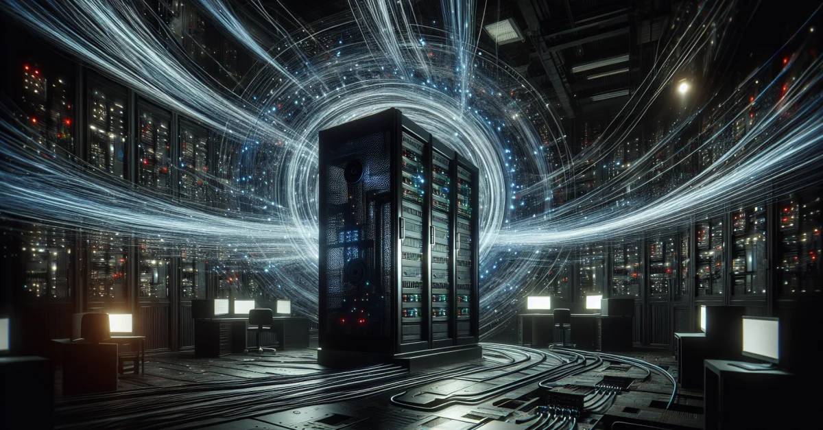 Ein Supercomputer in einem schwach beleuchteten Raum, der die Verwundbarkeit kritischer Infrastrukturen und die Notwendigkeit neuer Cybersecurity-Strategien symbolisiert.