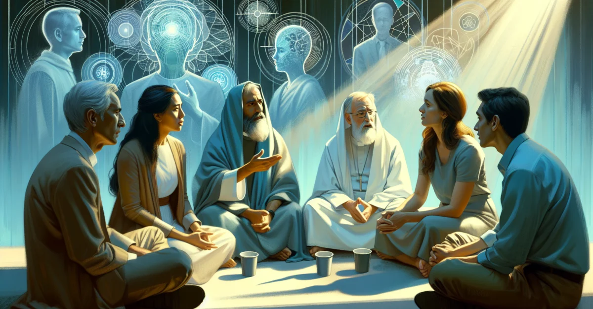Christian leaders discuss the moral aspects of artificial intelligence in a thoughtful setting.