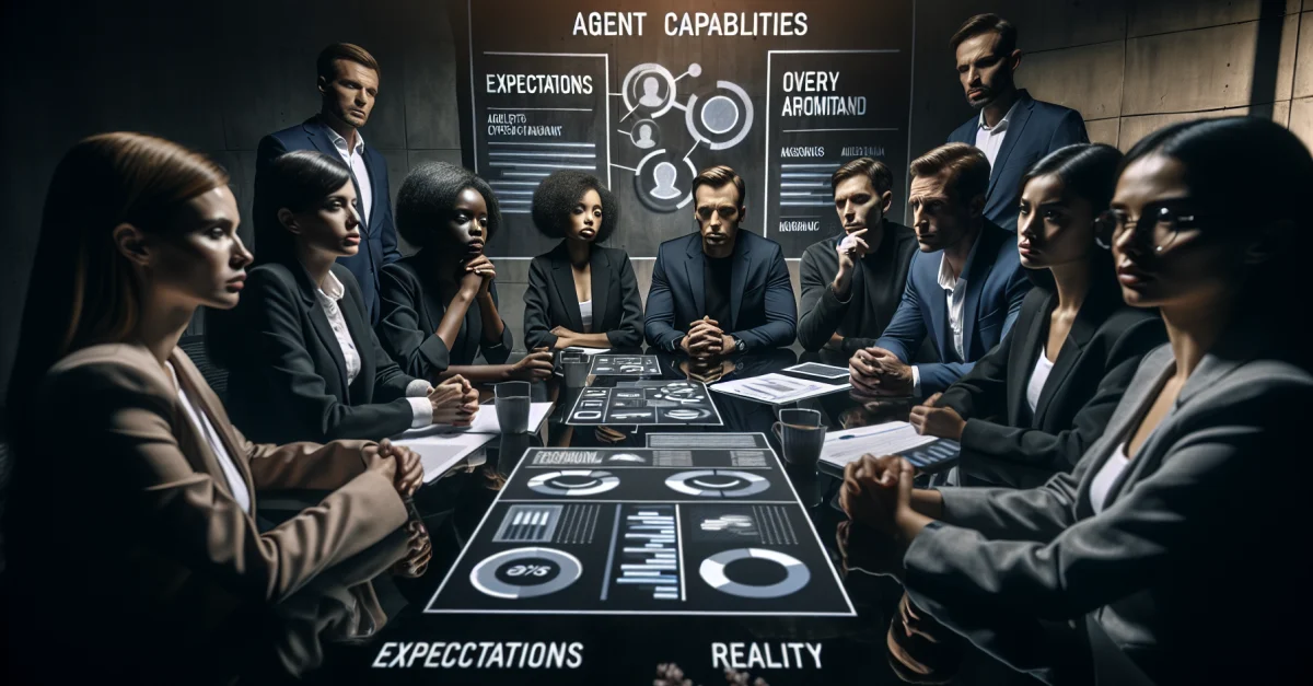 Professionals discuss in a dimly lit office the illusion of agent capabilities and their failure in practice.