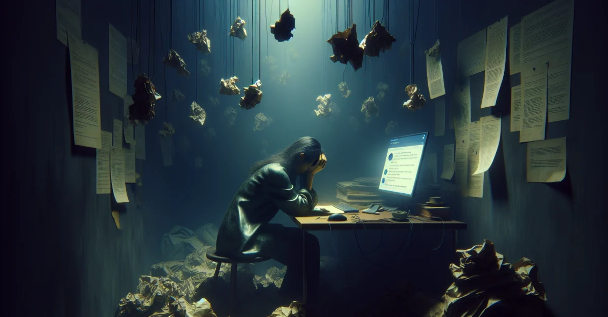 Eine Frau in einem dunklen Raum, die über ihre rechtlichen Schritte gegen OpenAI nachdenkt, während sie von psychischen Belastungen und Stalking betroffen ist.