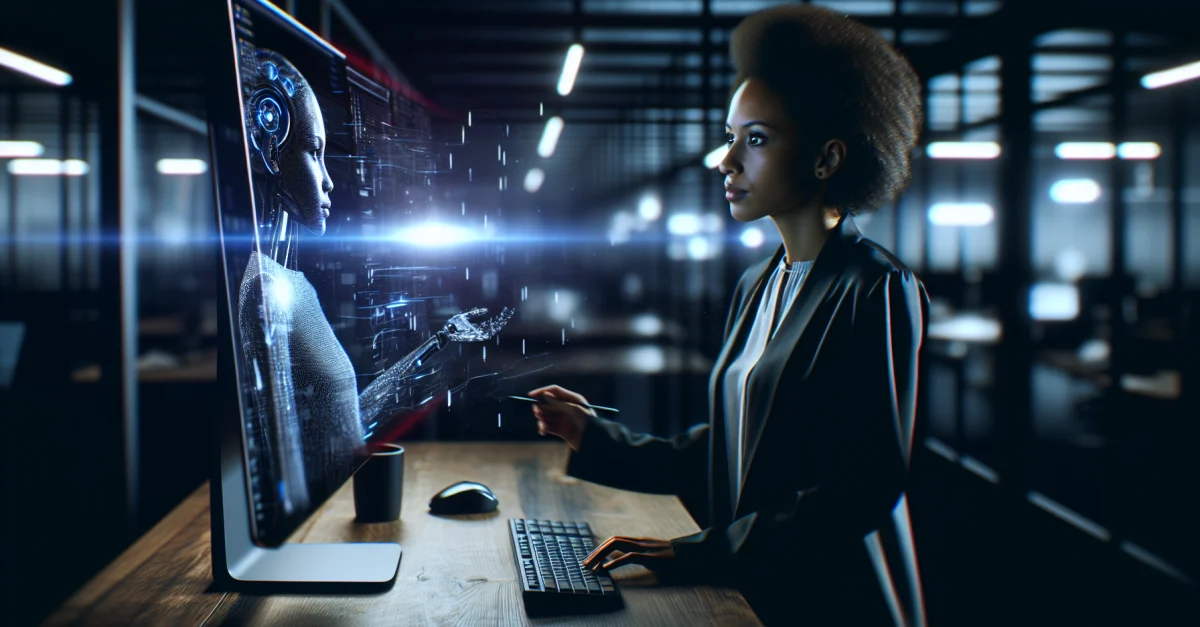 A user interacts with a futuristic AI interface on a computer, symbolizing Microsoft's test of AI bots for 365 Copilot.