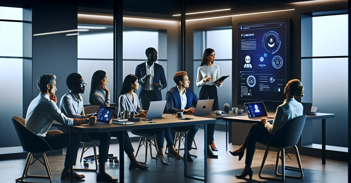 Professionals in a modern office brainstorm using AI tools, leveraging the new ChatGPT Pro subscription. Showcasing advanced technology and collaboration.