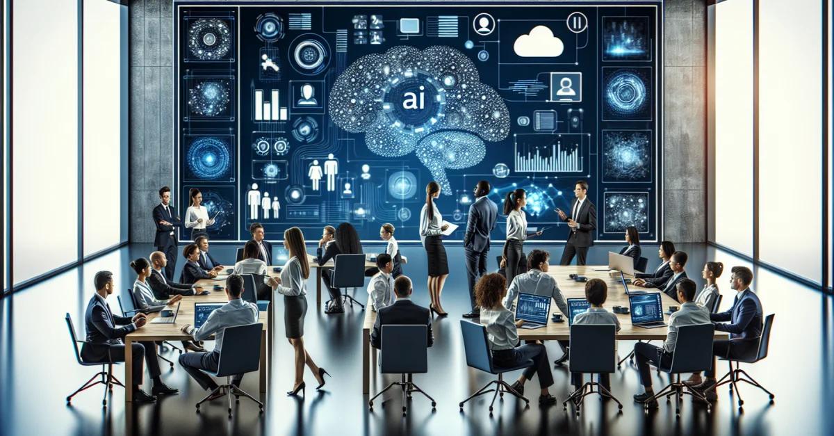 Ein modernes Büro mit einem Team von Fachleuten, die um einen digitalen Bildschirm versammelt sind, um AI-Workflows zu besprechen und zu analysieren.