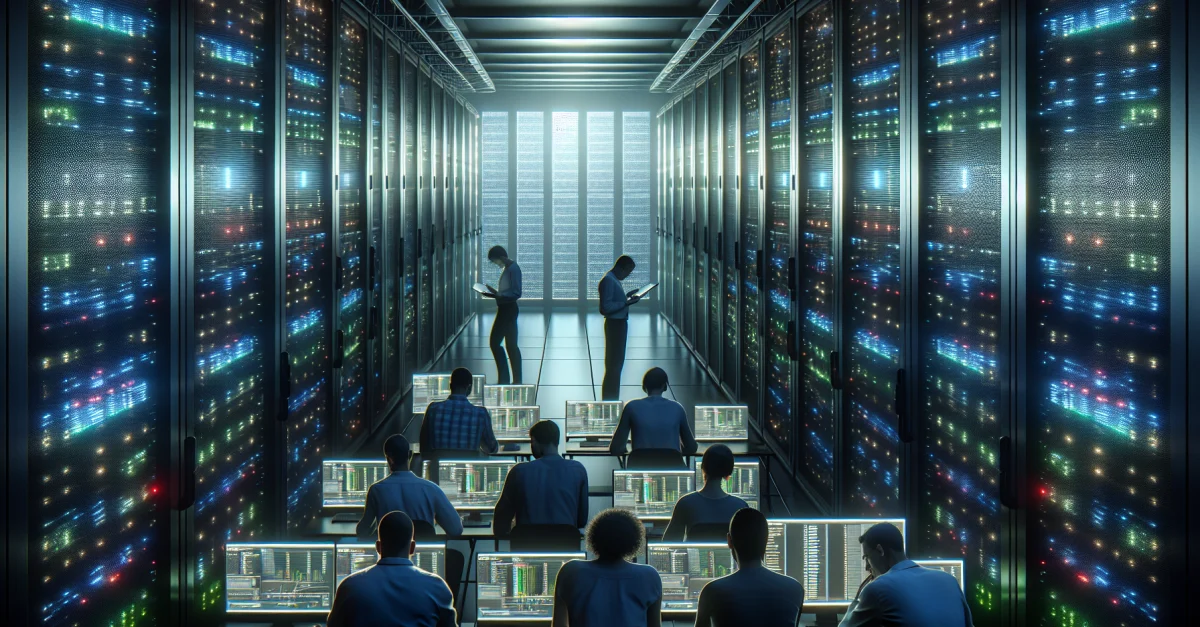 Ein Datenzentrum zeigt Serverreihen, die die steigende Nachfrage nach KI-Anwendungen widerspiegeln, während die Rechenkapazitäten begrenzt sind.