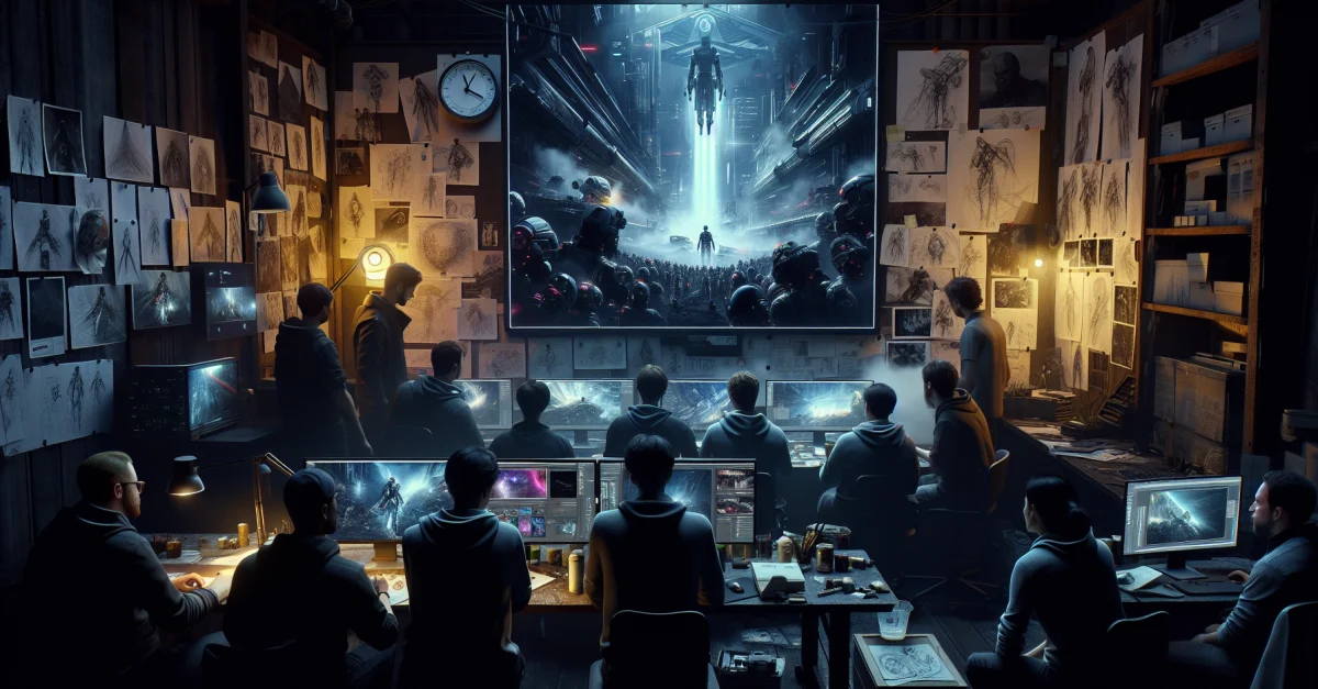 Developers discuss the game Pragmata in a dim studio, expressing disappointment over the lack of innovation in the gaming industry.
