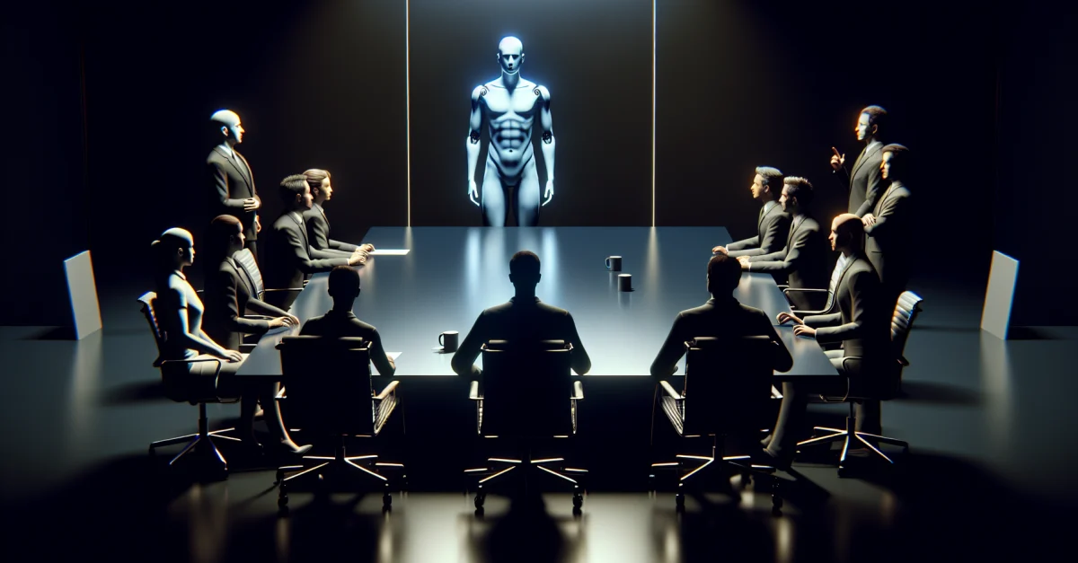 A digital avatar of Mark Zuckerberg in a conference room, surrounded by employees interacting with him. The scene addresses the dehumanization of meetings.