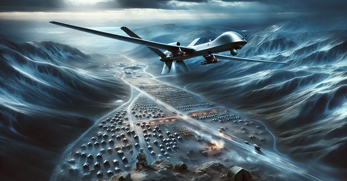 Ukrainian drone flying over a Russian military position, symbolizing the technological shift in warfare. Drones are increasingly taking on strategic roles.