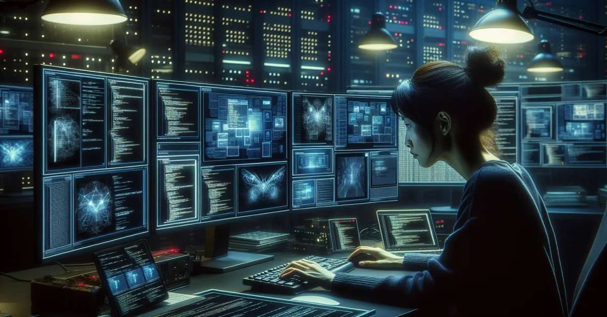 A developer examines a computer screen filled with code and images related to Google's AI watermarking system. The scene highlights challenges in digital authenticity.