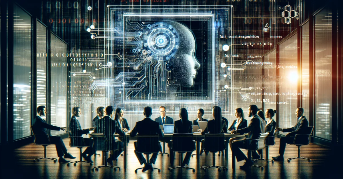 Ein modernes Büro mit einem Computerbildschirm, der Sicherheitscodes zeigt, und Fachleuten, die über KI-Sicherheit diskutieren. Symbolisiert die Notwendigkeit von Regulierung in Eu