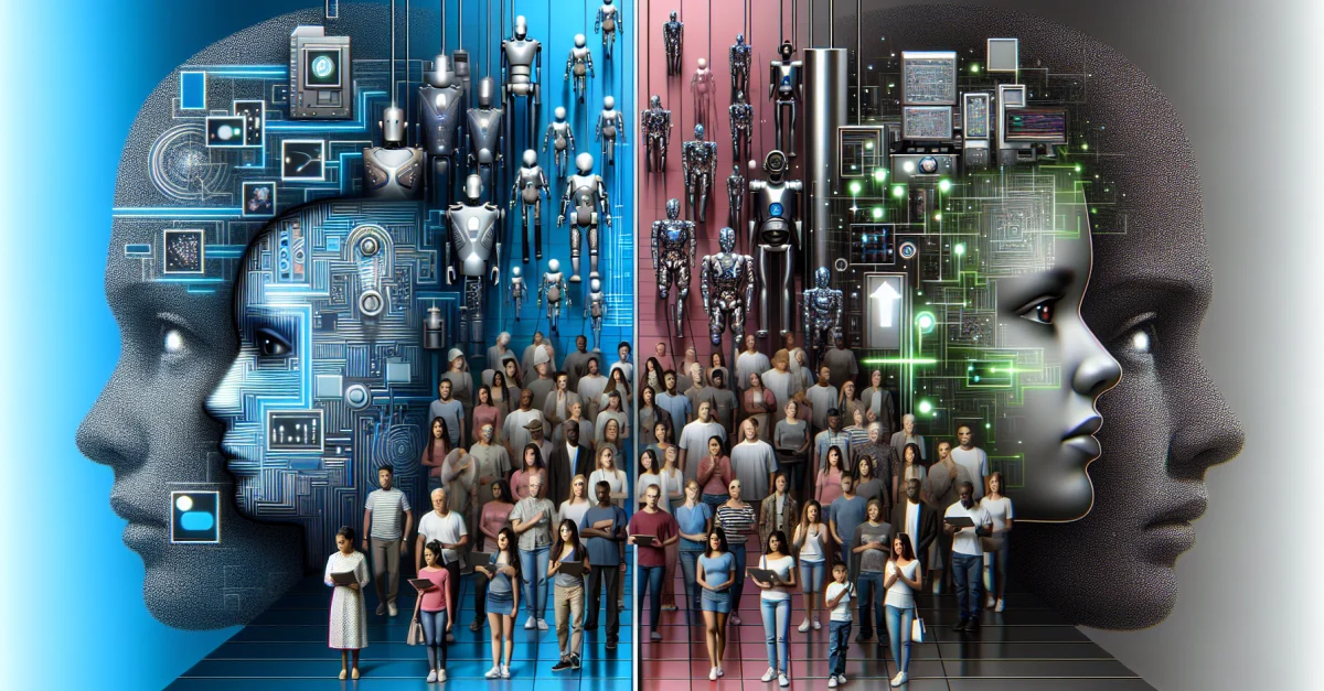 An illustration depicting the advancements in AI and the waning public trust, highlighting the gap between innovation and skepticism.