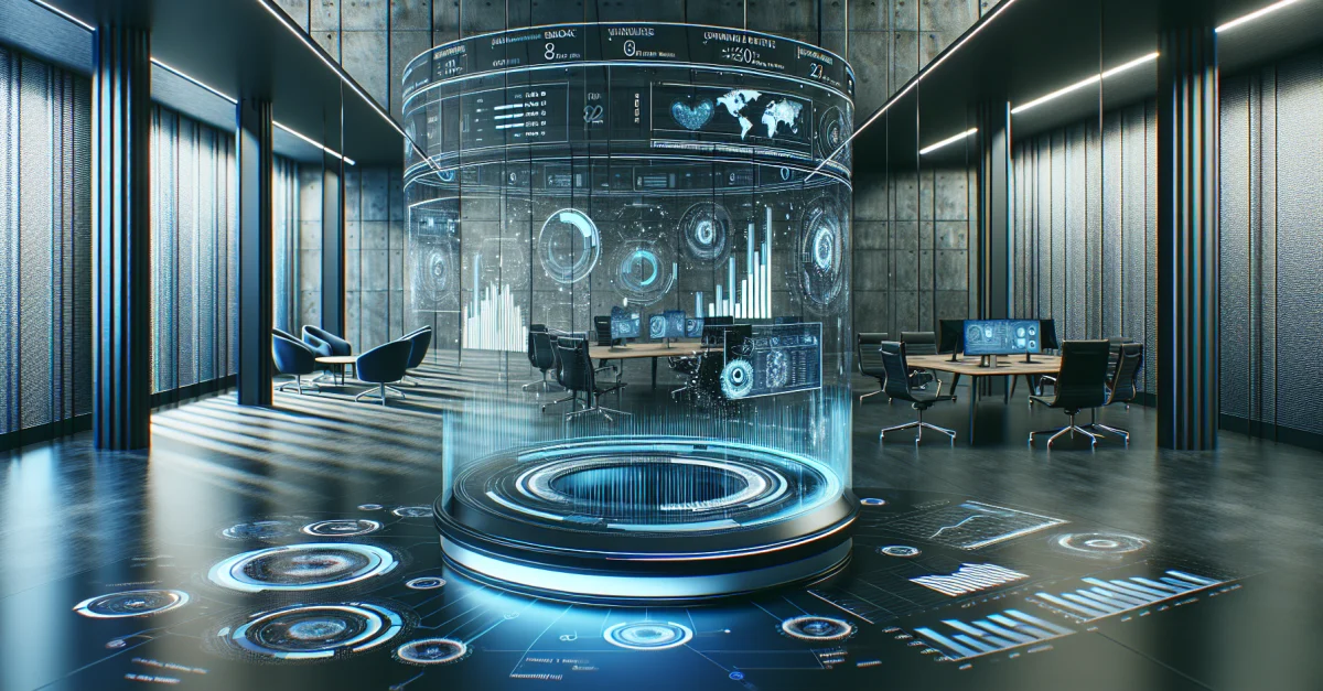 Modern office showcasing futuristic technology, representing the integration of AI in personal finance management, in the context of OpenAI's acquisition of Hiro.