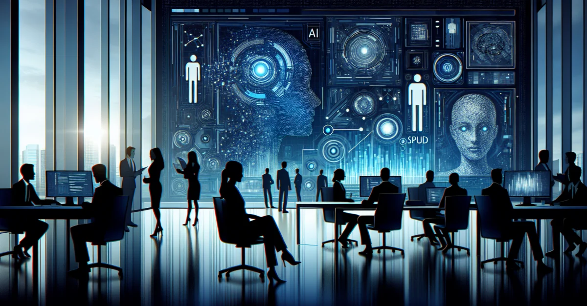 Ein Bild, das die strategischen Prioritäten von OpenAI zeigt, mit einem modernen Büro und digitalen Darstellungen des KI-Modells 'Spud'.