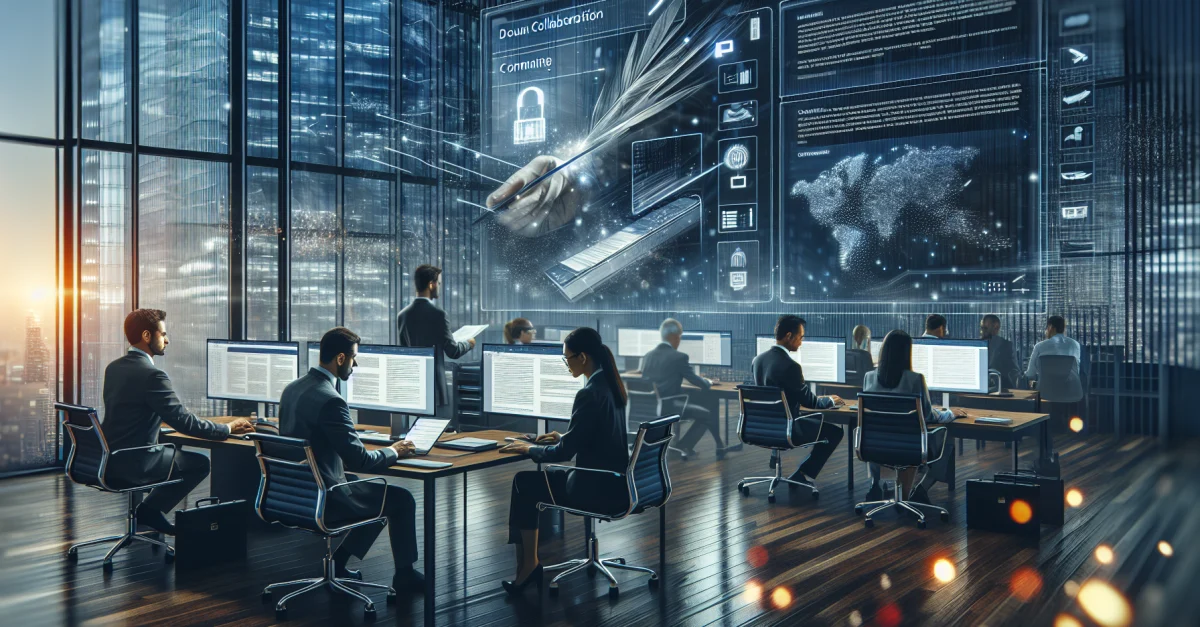 Professionals in a modern office using Microsoft Word to leverage new Copilot features, enhancing efficiency in legal, finance, and compliance sectors.
