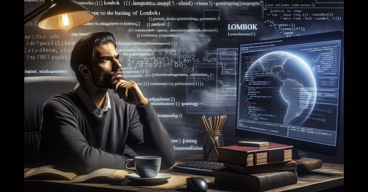 A Java developer reflects on the relevance of Lombok in programming, surrounded by code, books, and a coffee cup.