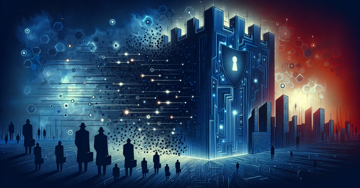 Dramatic depiction of cybersecurity threats in AI, featuring a digital fortress under attack by shadowy figures representing prompt injections.