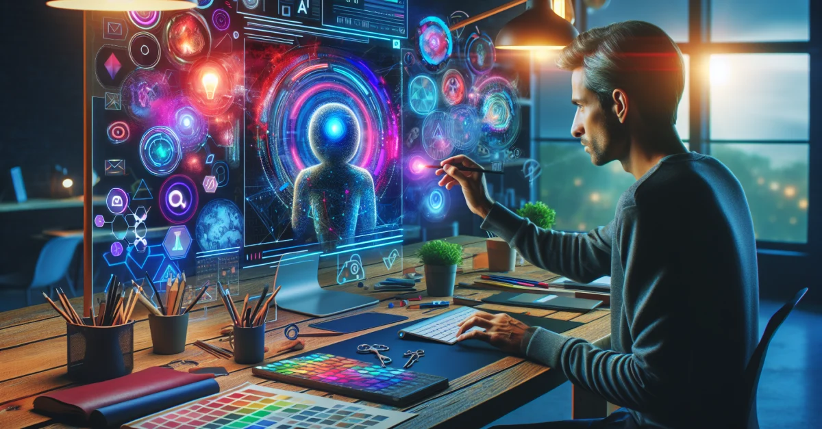 A designer utilizes Adobe's Firefly AI Assistant in a modern creative workspace to efficiently enhance creative processes.