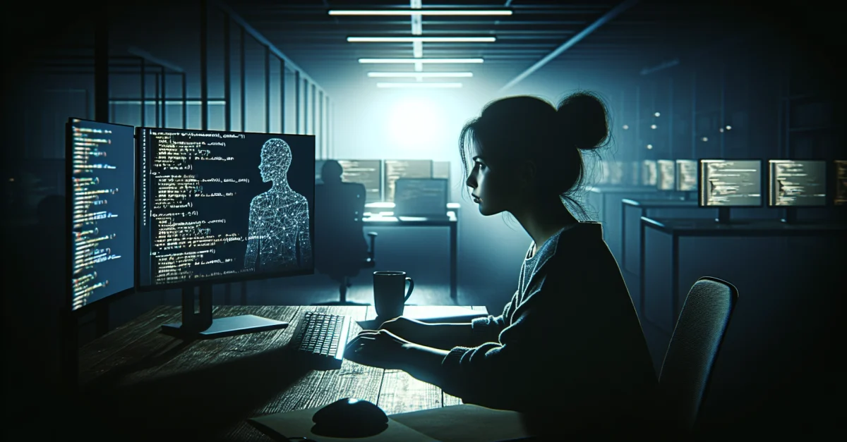 A programmer in a dimly lit office grapples with AI-generated code. The scene illustrates the challenges of maintaining control over technology in software development.