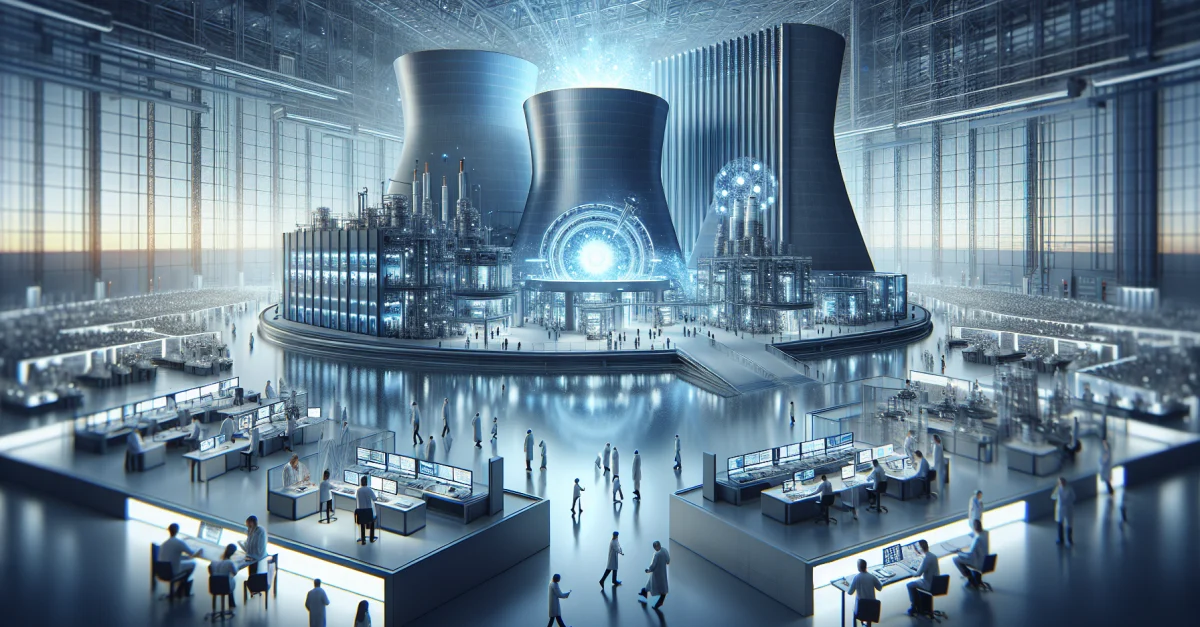 Illustration of a modern fusion power plant symbolizing the future of energy generation, featuring scientists and engineers collaborating on innovative solutions.