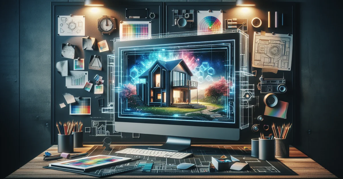 A modern workspace illustrating the transformative power of Gemini in image generation, featuring a computer with a personalized image of a dream house.