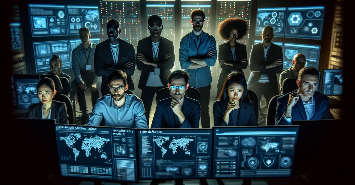 Cybersecurity-Experten analysieren Bedrohungen in einem Kontrollraum. Die Zusammenarbeit und der Einsatz von KI-Technologien sind entscheidend für den globalen Cyber-Schutz.