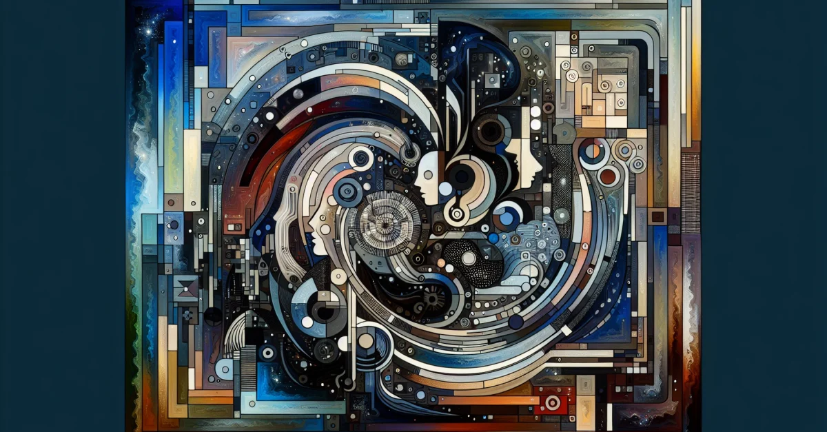 Ein abstraktes Bild, das die personalisierte Bildgenerierung durch Technologie darstellt, mit Formen und digitalen Elementen in einer HAI CI Farbpalette.