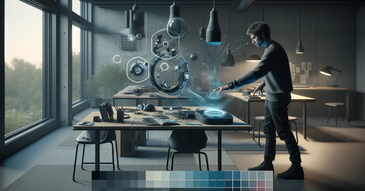 A user interacts with a Windows 11 device featuring haptic feedback. The scene showcases the user's concentration in a modern workspace.