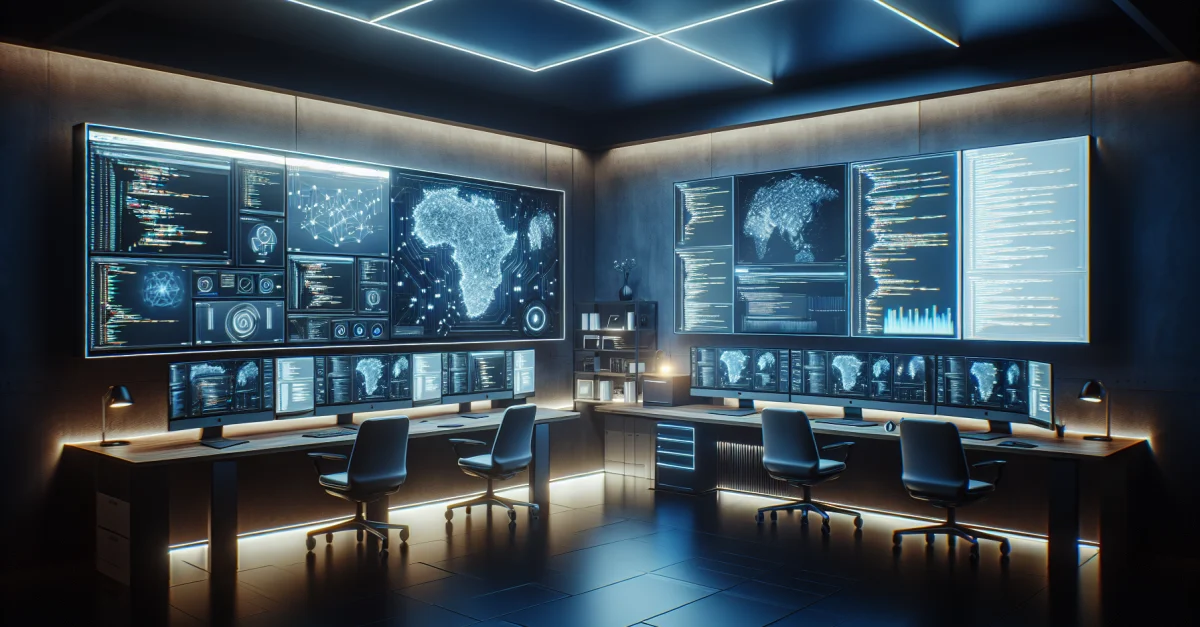 Modern workspace with high-tech computer setup and software development tools displaying complex code. Futuristic design in shades of blue and gray.