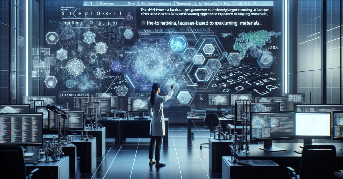 Ein Forscher in einem modernen Labor arbeitet mit dem KI-System 'StableOx-Cat' für die Materialanalyse. Innovative Technologie wird präsentiert.