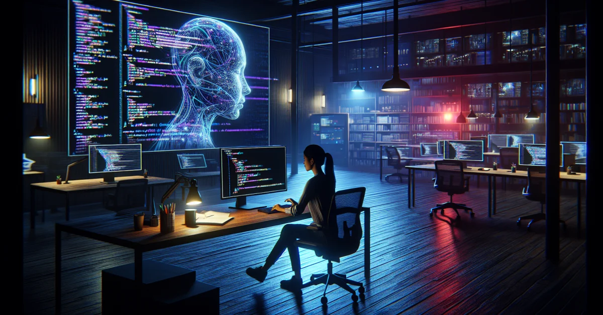 A programmer is focused on their screen as OpenAI Codex autonomously generates code and completes tasks. The scene highlights advancements in software development.
