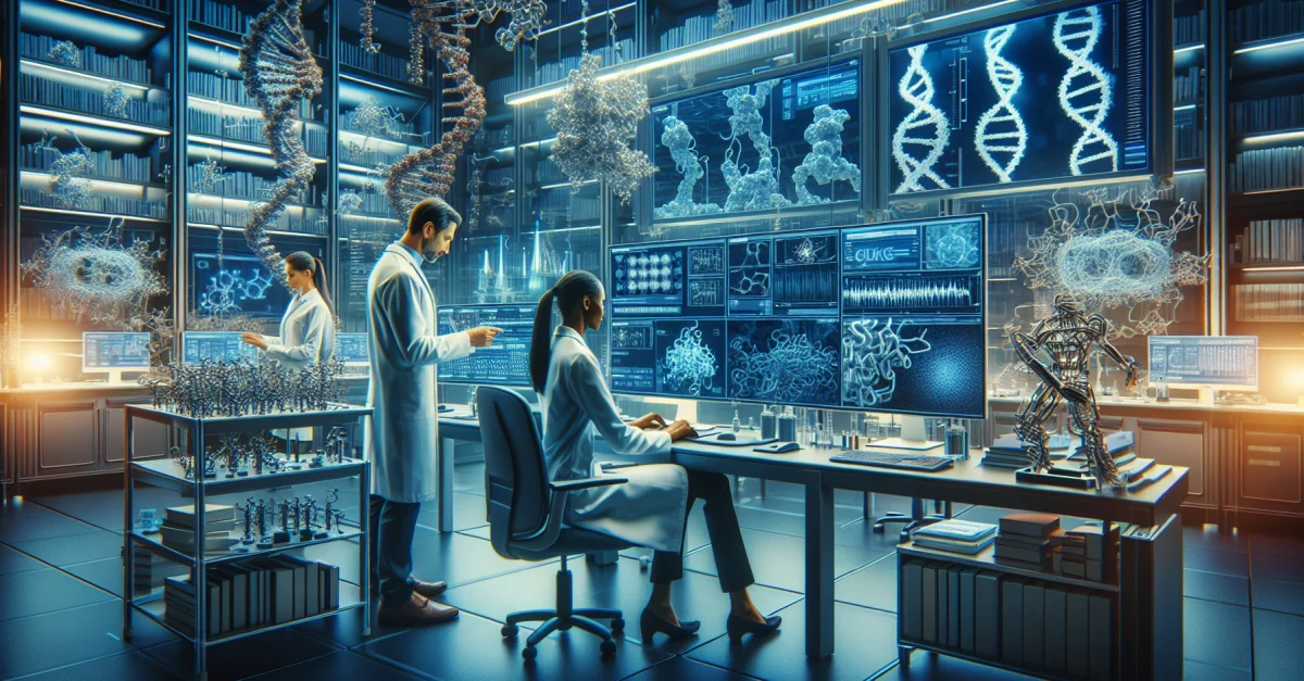 Fortschrittliche Laborumgebung mit Wissenschaftlern, die an der Proteinengineering-Forschung arbeiten. Fokus auf KI-gesteuerten Werkzeugen.