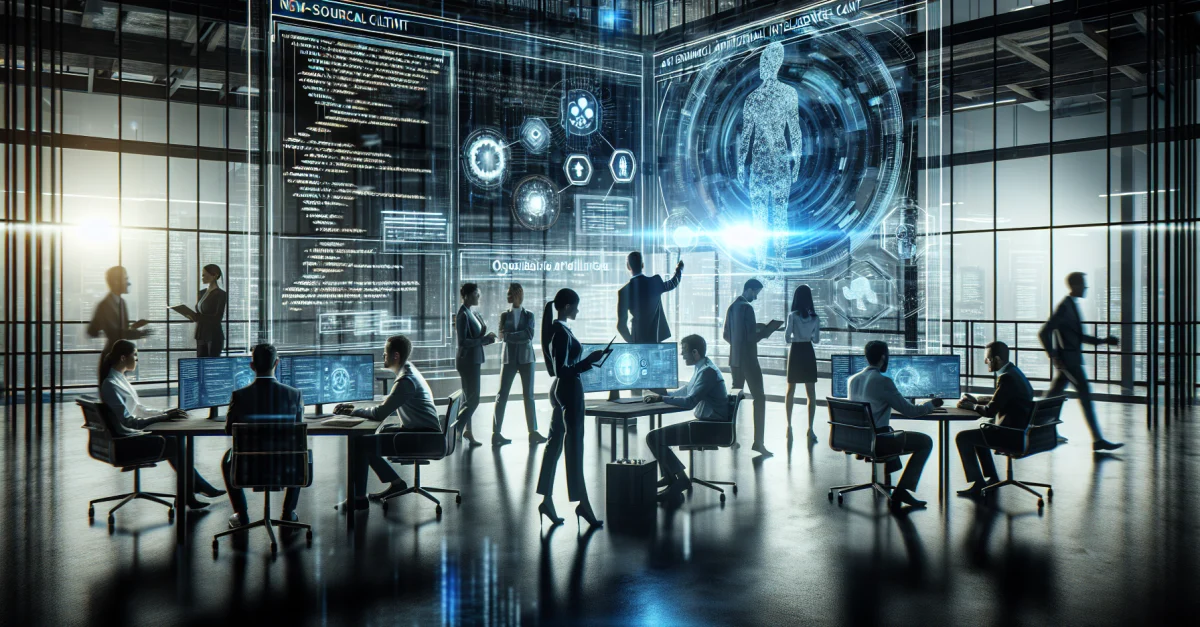 Professionelle arbeiten in einem modernen Büro an Mozillas Open-Source-KI-Client Thunderbolt. Die Szene zeigt Innovation und Teamarbeit im KI-Bereich.