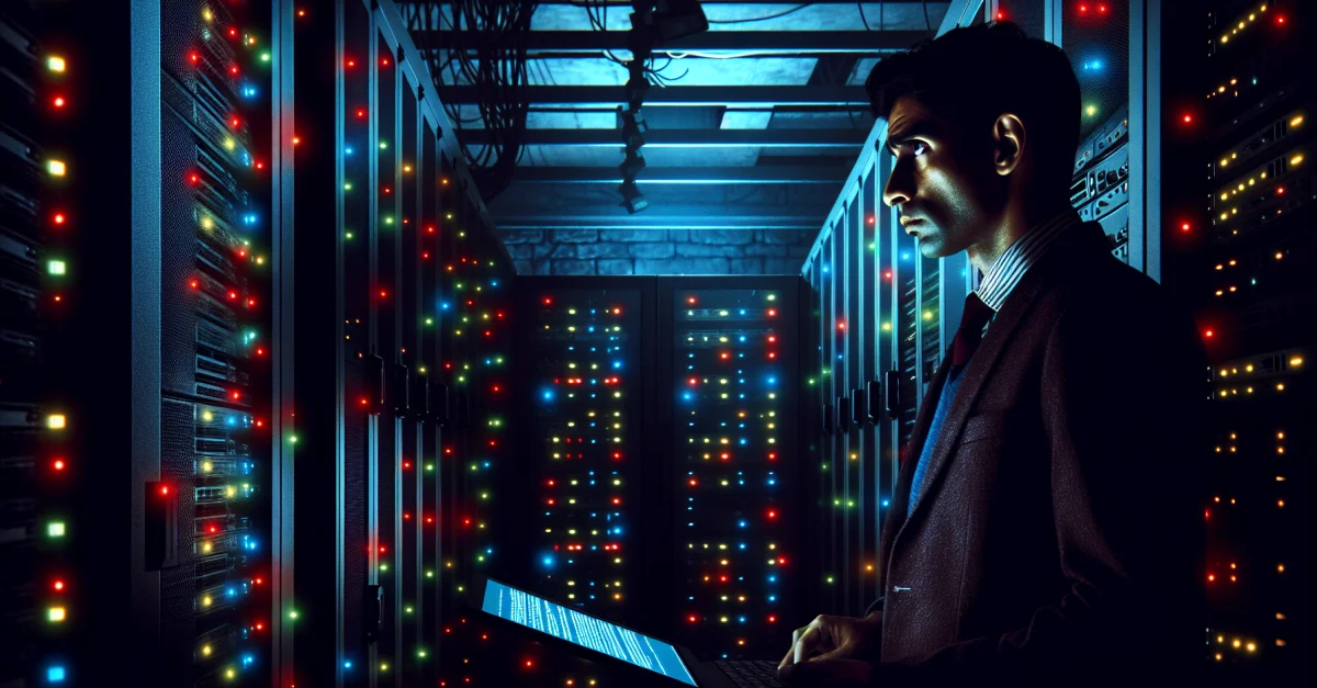 IT-Administrator in einem Serverraum, der Probleme nach den April-Updates von Windows Server analysiert, um unerwartete Neustarts zu beheben.