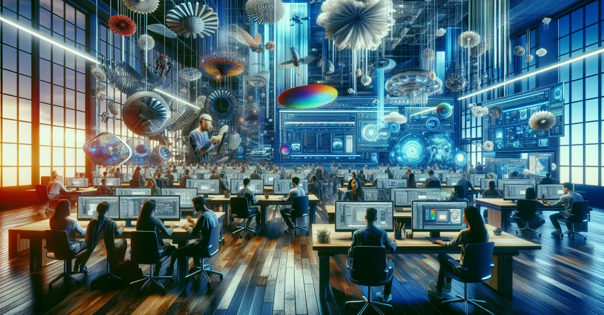 A creative workspace depicts designers using various software tools, reflecting the shift in the software industry and the challenges faced by Adobe.