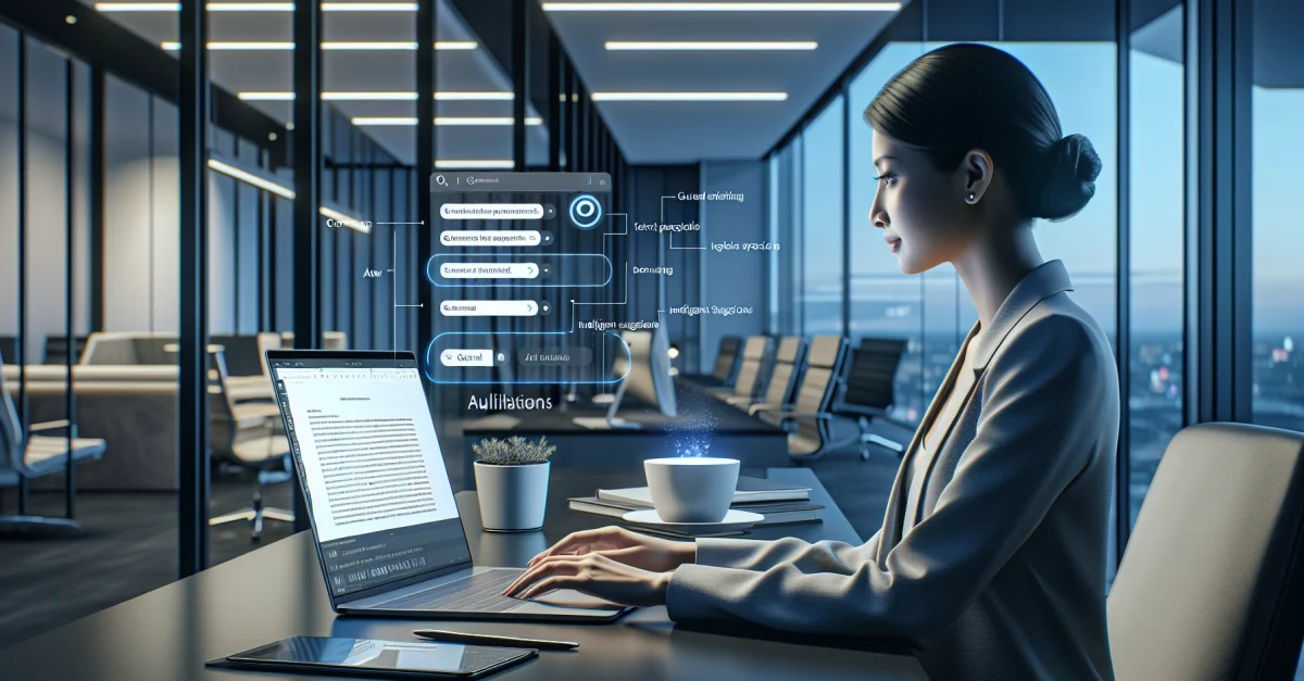 A professional works in a modern office with Microsoft Word and the Claude AI add-in, showcasing intelligent text processing features.