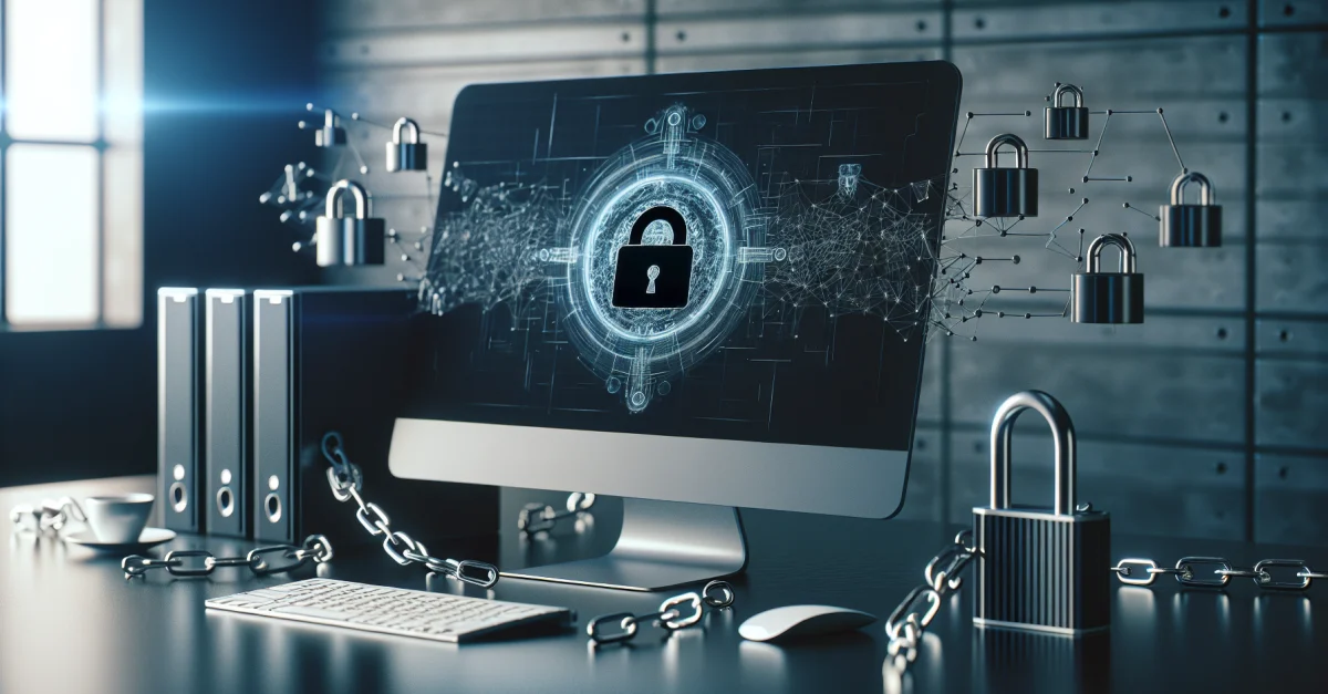 Modern PC workspace featuring AI applications, symbolizing efficiency and privacy concerns. Focused on the opportunities and challenges of technology integration.