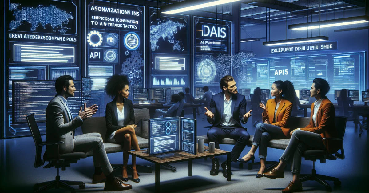 Professionelle Diskussion über APIs und deren Einfluss auf Geschäftsstrategien in einem modernen Büro. Fokus auf Innovation und Anpassung.