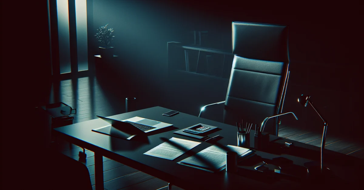 Dramatic office scene with an empty chair and closed laptop, symbolizing Bill Peebles' departure and uncertainty at OpenAI.