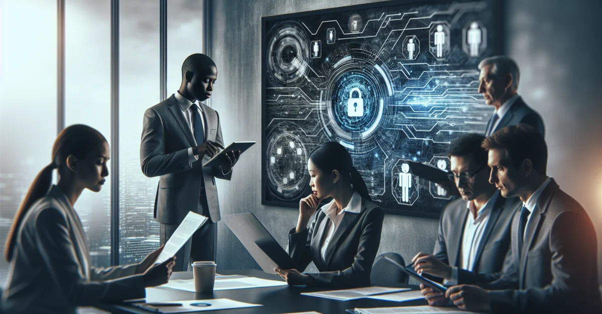 Ein Bild, das die komplexe Beziehung zwischen Künstlicher Intelligenz und Datenschutz zeigt, mit Fachleuten in einer modernen Büroumgebung.