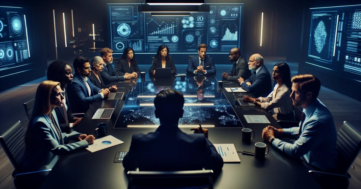 Professionelle Diskussion über Adobes neue Unternehmensplattform in einem modernen Büro. Fokus auf KI-Herausforderungen und interne Umstrukturierungen.