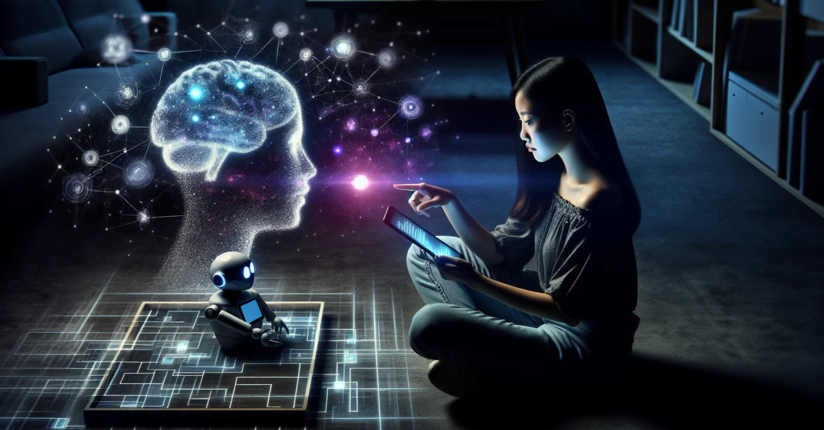 Image depicts a person interacting with an AI chatbot, surrounded by abstract representations of cognitive processes. It highlights the impact on cognitive abilities.