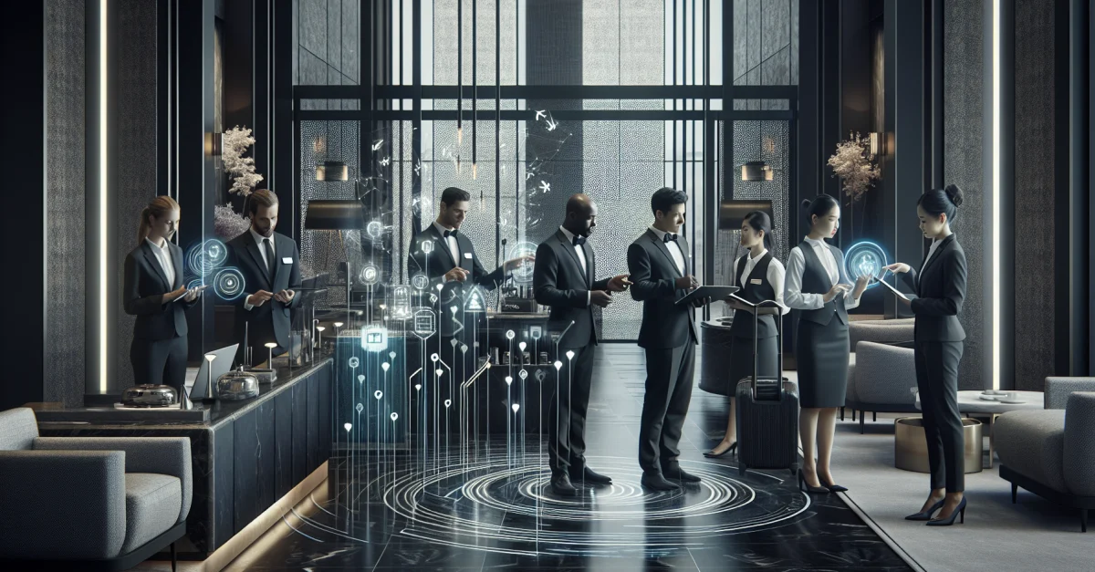 Hyatt Hotelmitarbeiter nutzen KI-Technologie zur Verbesserung des Gästeerlebnisses und der Produktivität in einem modernen Hotellobby.
