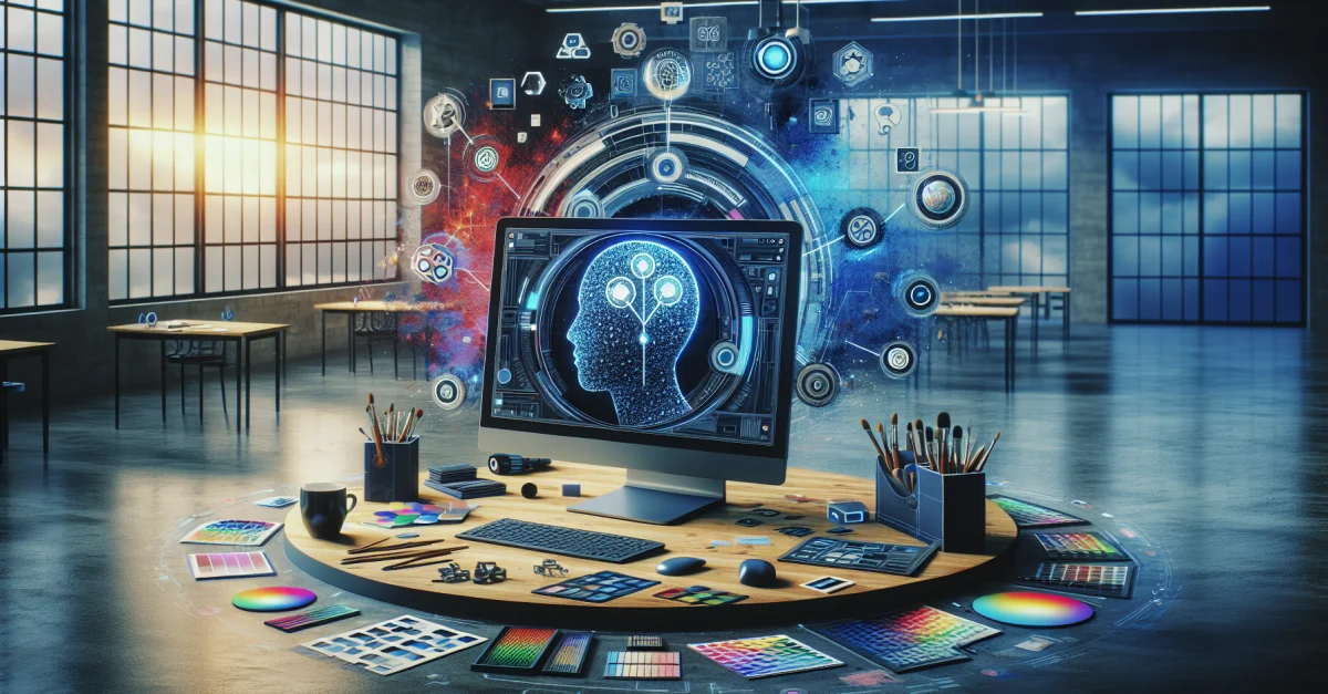 Visualisierung der Entwicklung von Canva zu KI-unterstützter Software, mit einem modernen Arbeitsplatz und kreativen Designelementen.