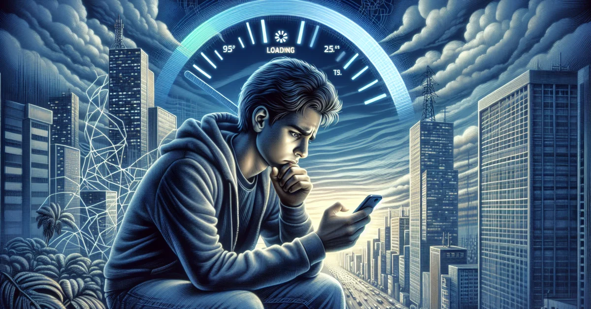 Ein frustrierter Smartphone-Nutzer in einer modernen Stadt, der mit langsamer Internetverbindung kämpft. Die Szene verdeutlicht die Notwendigkeit, die Internetgeschwindigkeit zu me