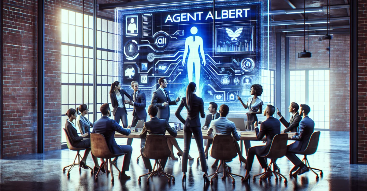 Ein Team von Fachleuten diskutiert in einem modernen Büro über Salesforce 'Agent Albert' und die Integration von KI in Unternehmenssoftware.