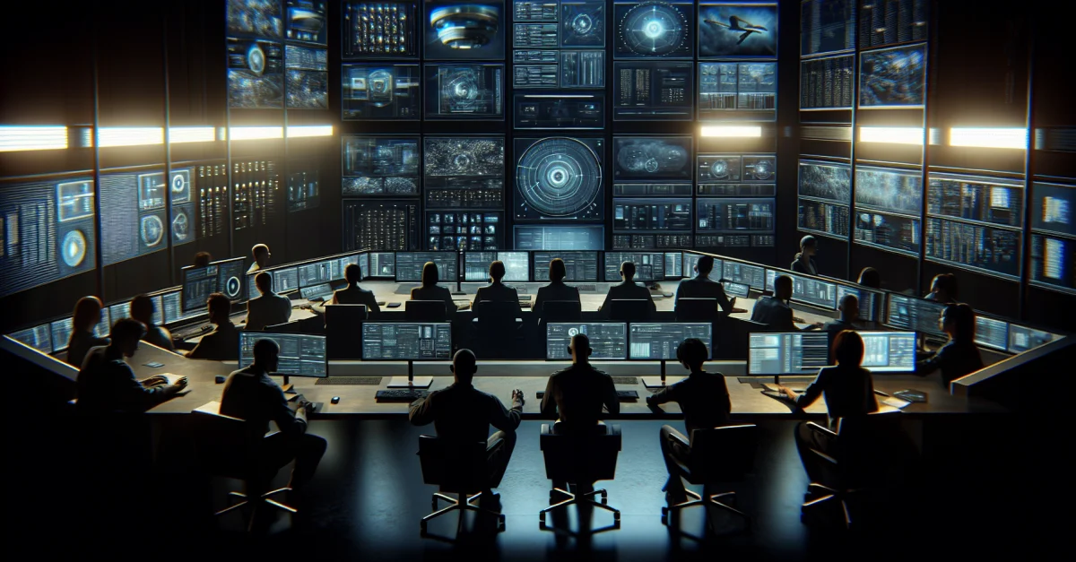 NSA nutzt Anthropic's KI-Modell Mythos für elektronische Überwachung in einem Kontrollraum mit Analysten und Überwachungsbildschirmen.