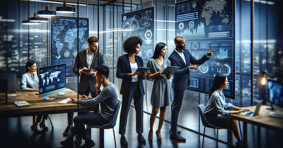 Ein modernes Büro mit einem vielfältigen Team, das effizient zusammenarbeitet und No-Code-Automatisierung nutzt, um Arbeitsabläufe zu optimieren.