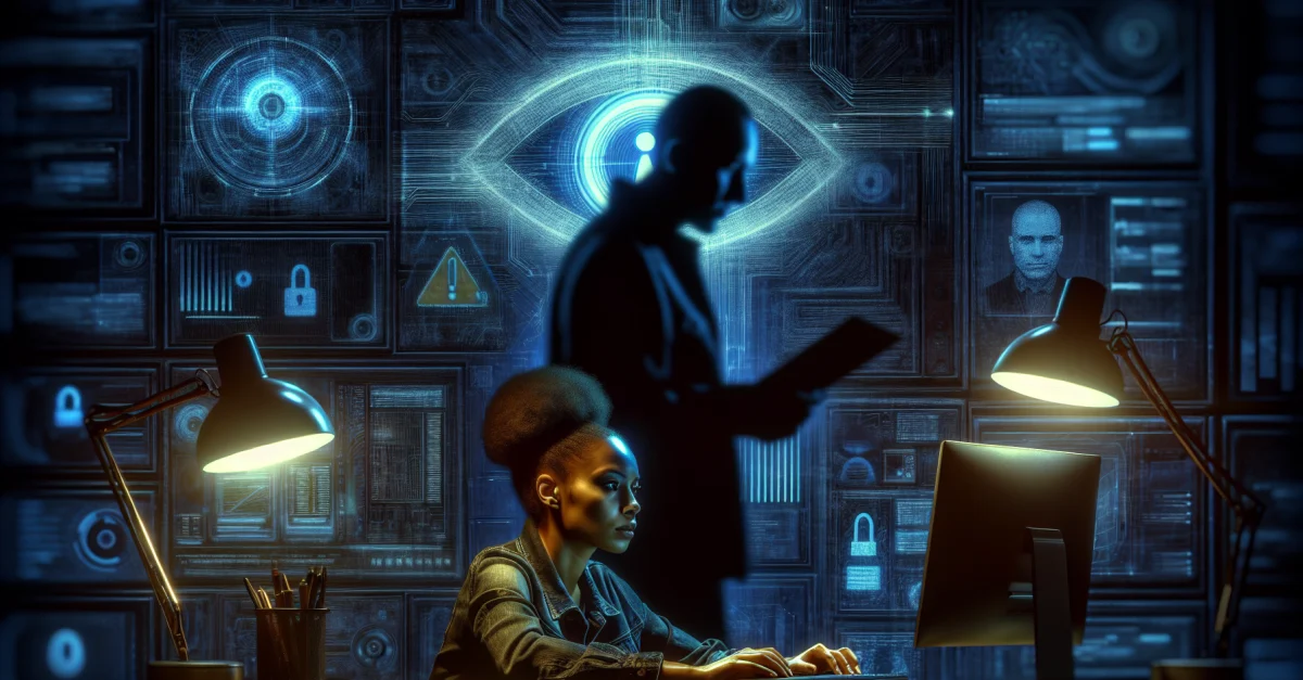 Ein Nutzer arbeitet an seinem Computer, während Codex im Hintergrund schattig erscheint, was die Risiken der Überwachung durch KI symbolisiert.