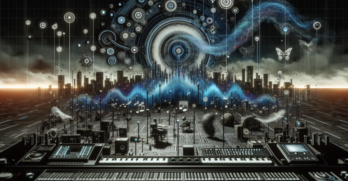 Futuristische Darstellung der KI-generierten Musikproduktion in einem digitalen Musikstudio. Visualisierung von Klangwellen und digitalen Schnittstellen.