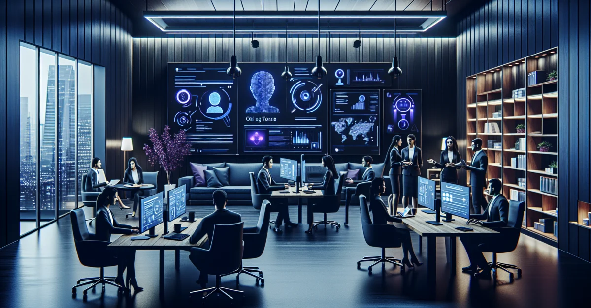 Ein modernes Büro mit Fachleuten, die über digitale Geräte diskutieren, symbolisiert die wachsende Nutzung von ChatGPT in der Unternehmenskommunikation.
